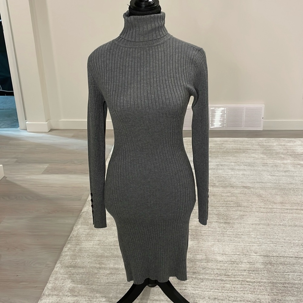 Pink rose, long sleeve, ribbed turtleneck, dress with lots of stretch.